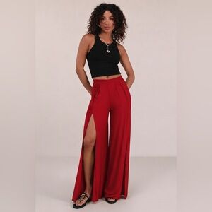 Lulus Knockout Red Knit Wide-Leg Slit-Front Pants.